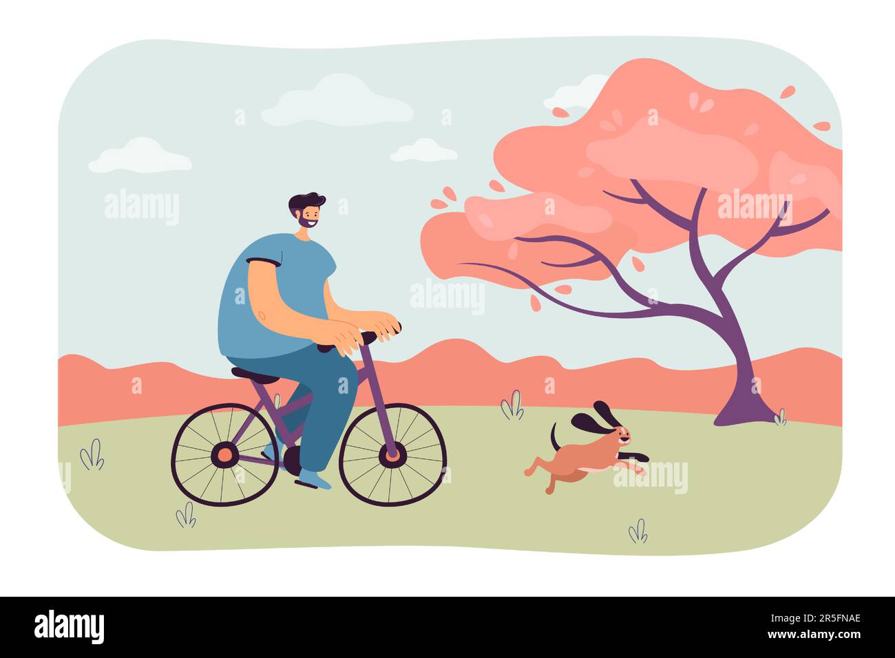 Un homme et un chien heureux sur une promenade amusante en vélo dans un paysage de nature Illustration de Vecteur