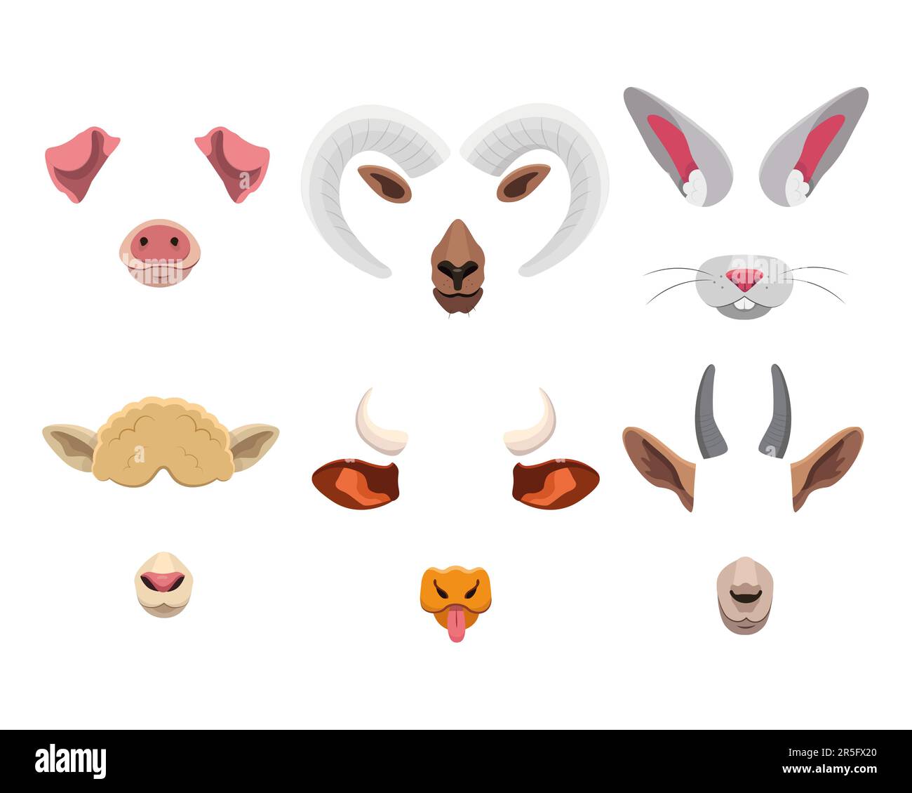 Ensemble de masques pour le visage d'animaux pour application mobile Illustration de Vecteur