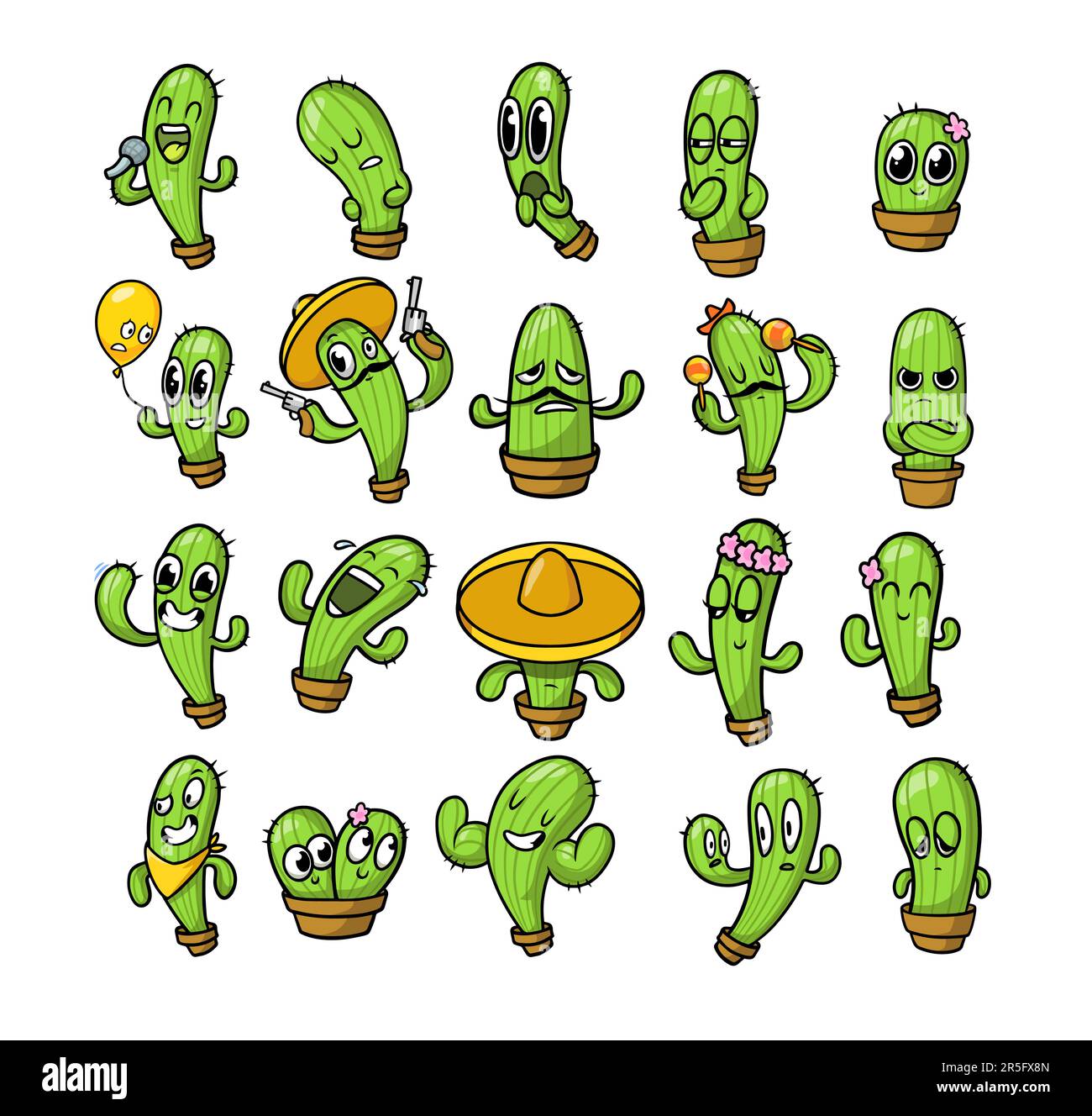 Jeu d'autocollants de personnages de dessin animé de cactus verts amusants Illustration de Vecteur