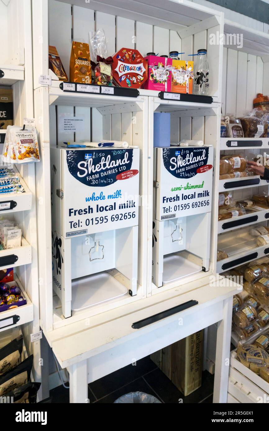 Lait local libre-service disponible dans une boutique de la ferme de Shetland. Banque D'Images