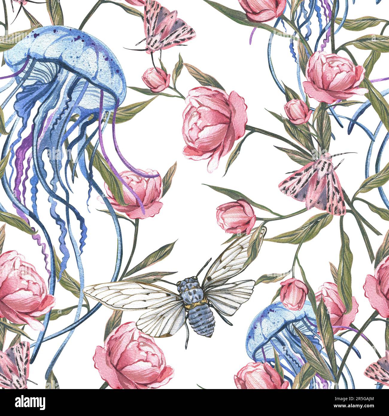 Motif sans couture méduses, papillons, cicada, fleurs de pivoine isolées sur fond blanc. Dessin à la main aquarelle esquisse illustration botanique. Art f Banque D'Images