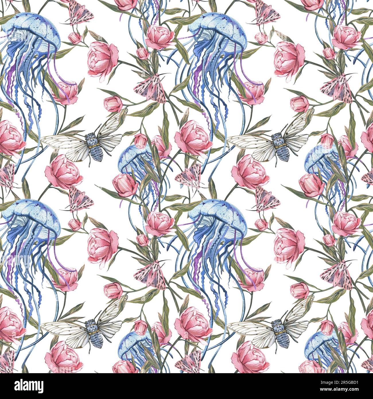 Motif sans couture méduses, papillons, cicada, fleurs de pivoine isolées sur fond blanc. Dessin à la main aquarelle esquisse illustration botanique. Art f Banque D'Images