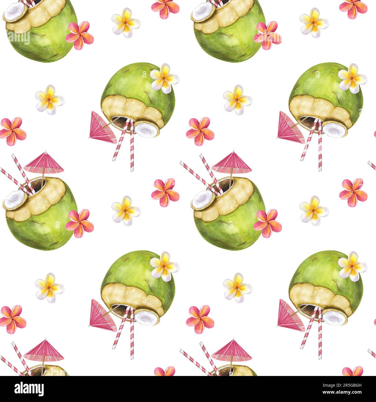 Cocktail à motif sans couture vert noix de coco parapluie paille boisson de plage. Fleurs frangipani. Illustration aquarelle dessinée à la main isolée sur fond blanc Banque D'Images
