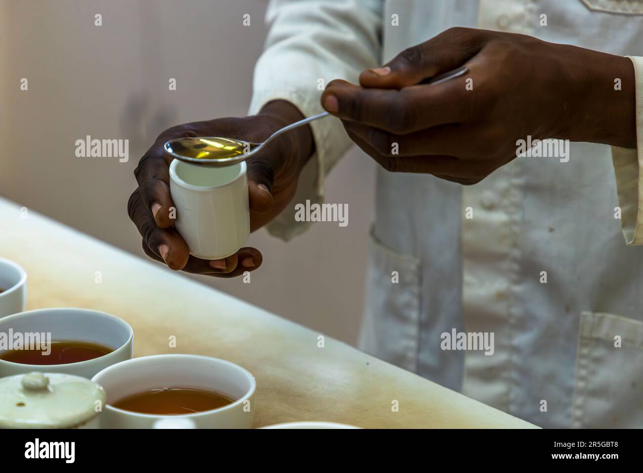 Un dégustateur verse du thé infusé d'une cuillère dans la tasse – le dernier test de dégustation à la Satemwa Estate près de Thyolo, la dernière exploitation de thé familiale du Malawi, qui produit et contrôle la qualité de 27 variétés de thé différentes. Banque D'Images
