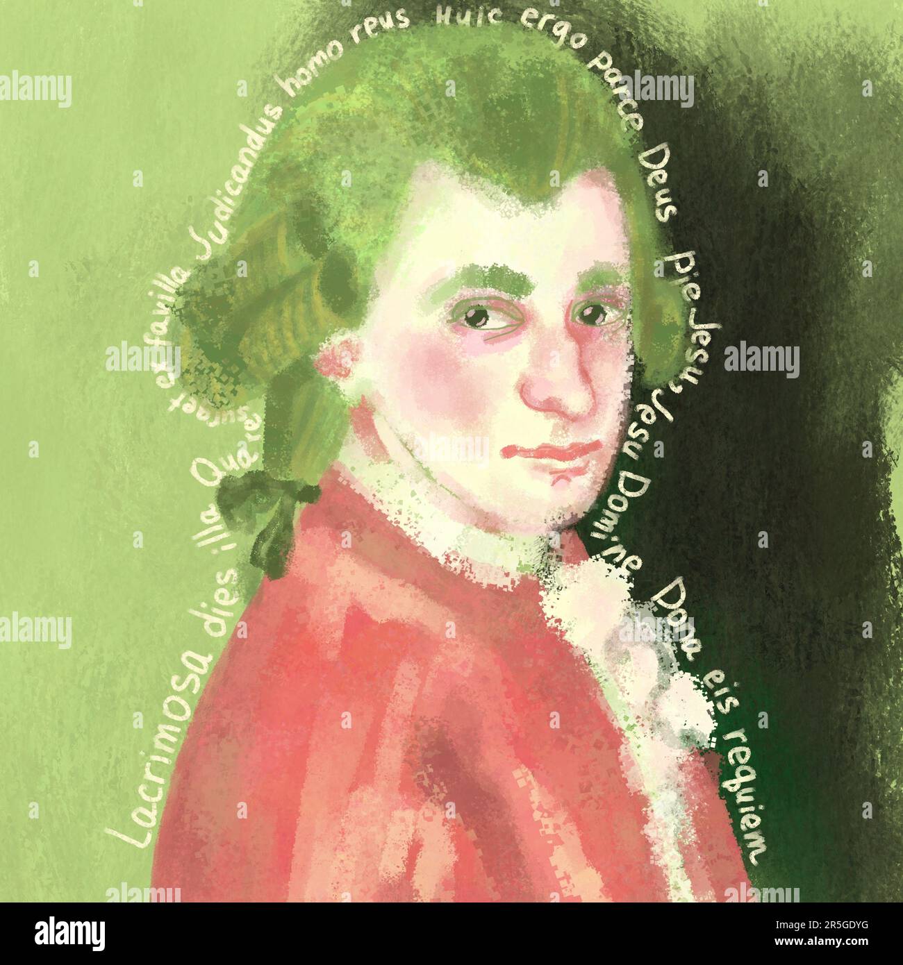 Portrait stylisé d'Amadeus Mozart en profil, inscrit avec des mots de Requiem. grand compositeur Banque D'Images