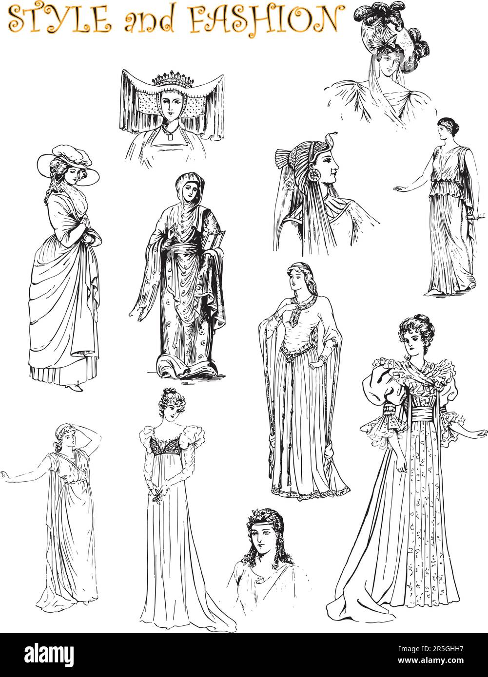 Des exemples de style et de mode en noir et blanc de la Grèce antique à l'Europe 1890. Illustration de Vecteur