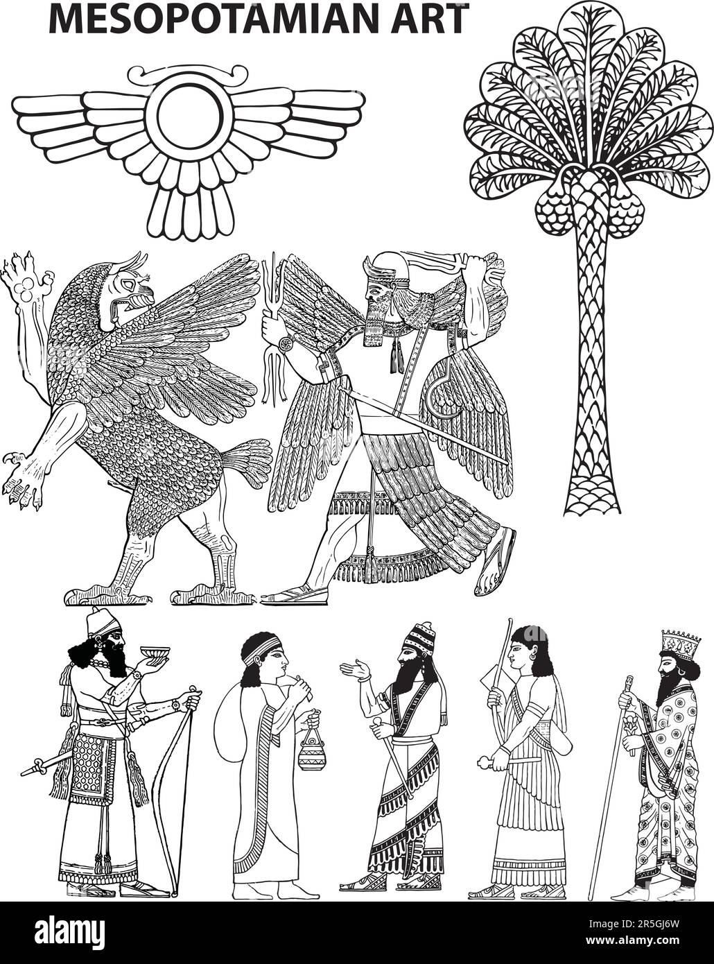Dessins de lignes noires et blanches d'art mésopotamien et de motifs religieux. Illustration de Vecteur