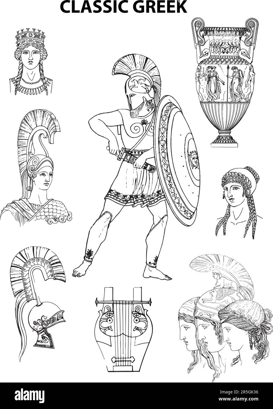 Dessins au trait noir et blanc de motifs grecs classiques. Illustration de Vecteur