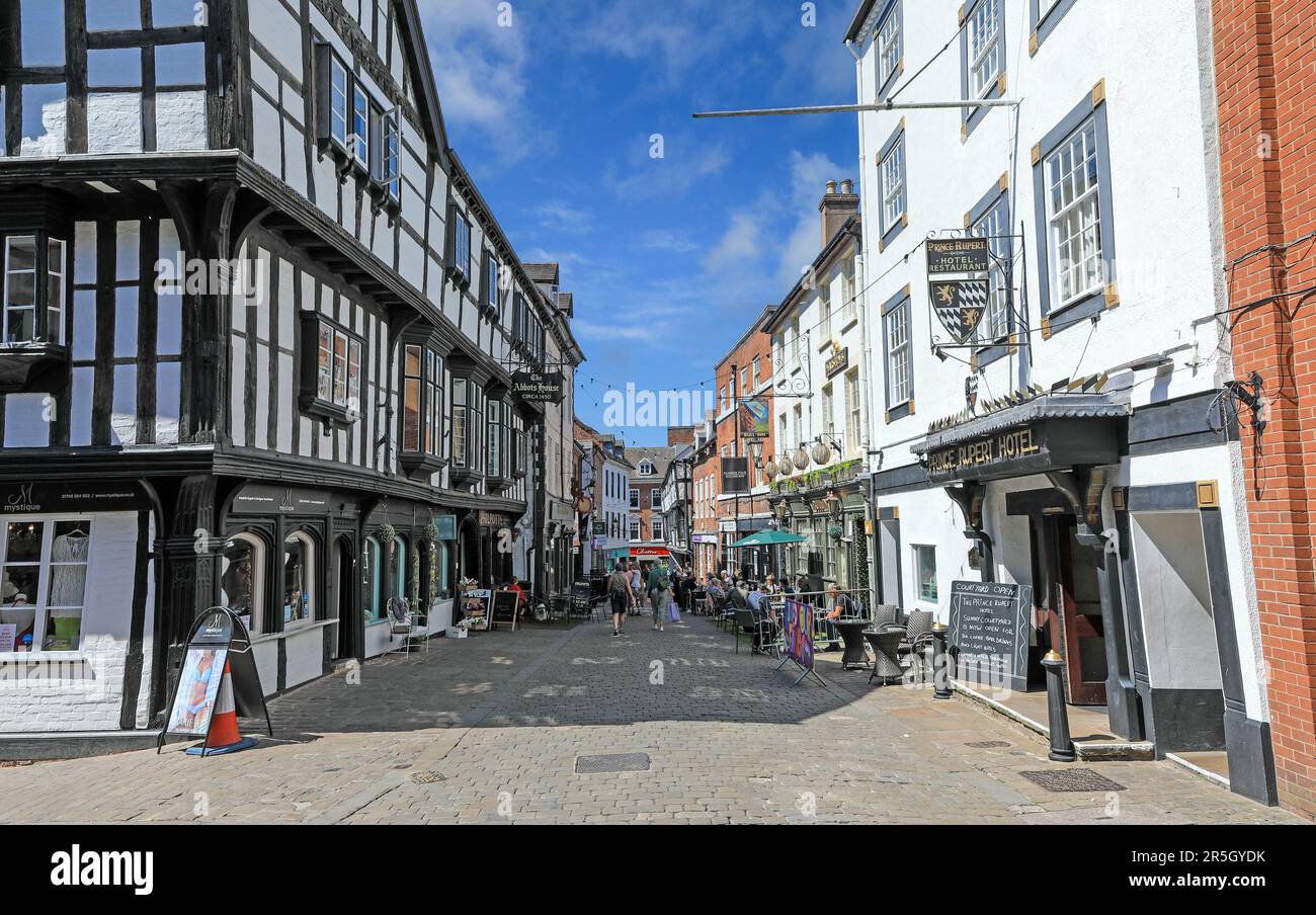 L'hôtel Prince Rupert et la Maison Abbot sur Butcher Row, dans le centre-ville de Shrewsbury, Shropshire, Angleterre, Royaume-Uni Banque D'Images