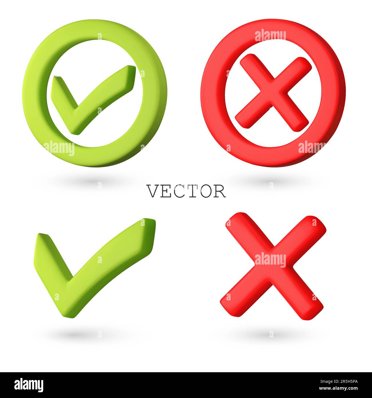 Icônes Vector 3D avec coche verte et croix rouge. Boutons de confirmation et de rejet. Illustration vectorielle de 3D icônes réalistes à droite et à droite. Isoler Illustration de Vecteur