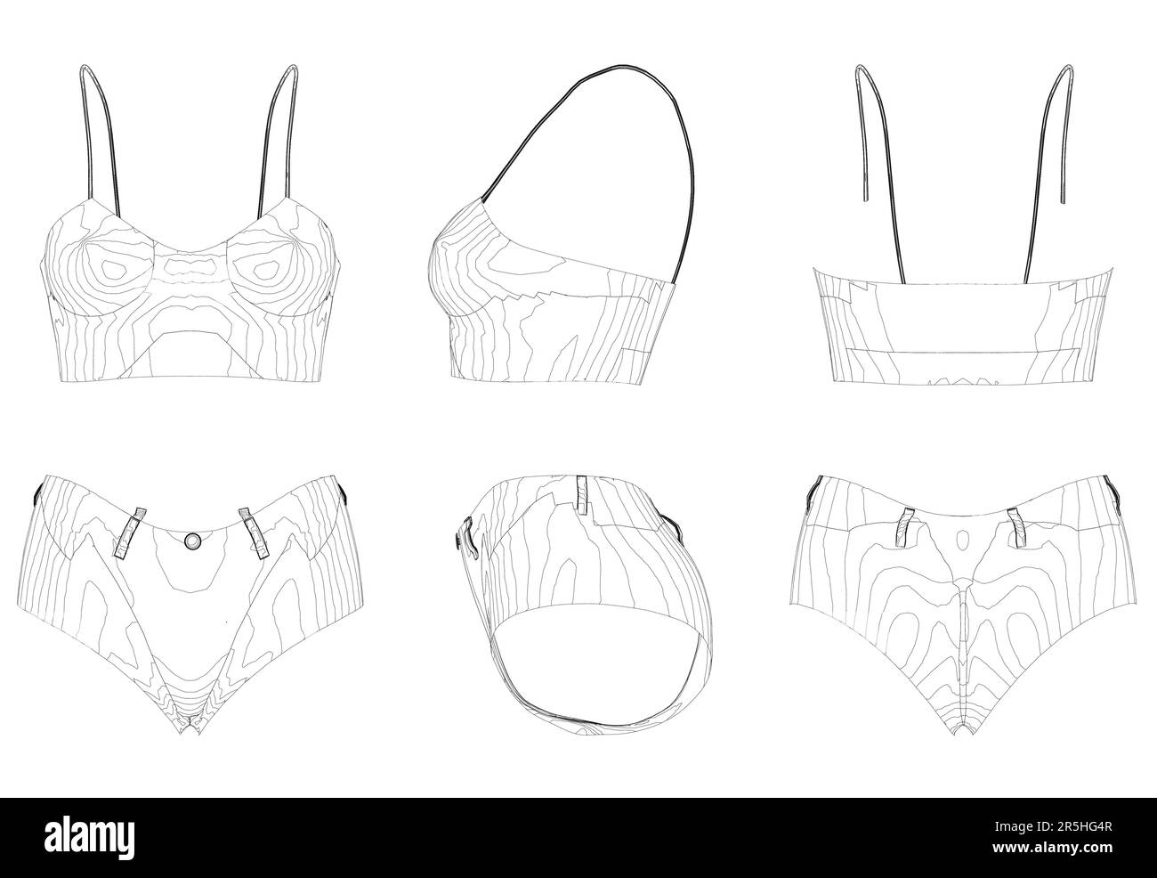 Ensemble avec les contours d'un haut pour femme avec short à partir de lignes noires isolées sur un fond blanc. Vue avant, latérale, arrière. Illustration vectorielle. Illustration de Vecteur