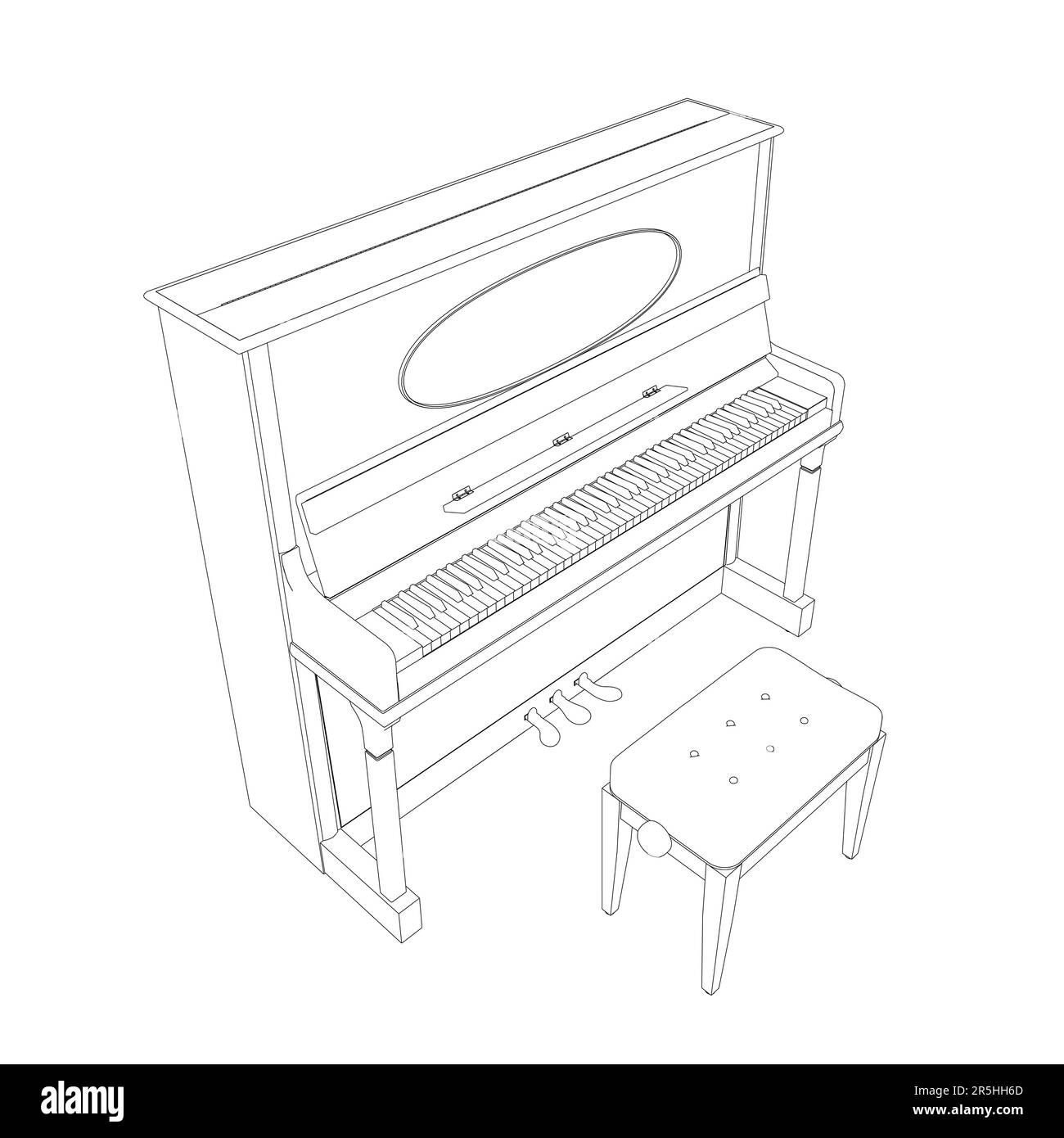 Contour d'un piano avec une chaise à partir de lignes noires isolées sur fond blanc. Vue isométrique. Illustration vectorielle. Illustration de Vecteur