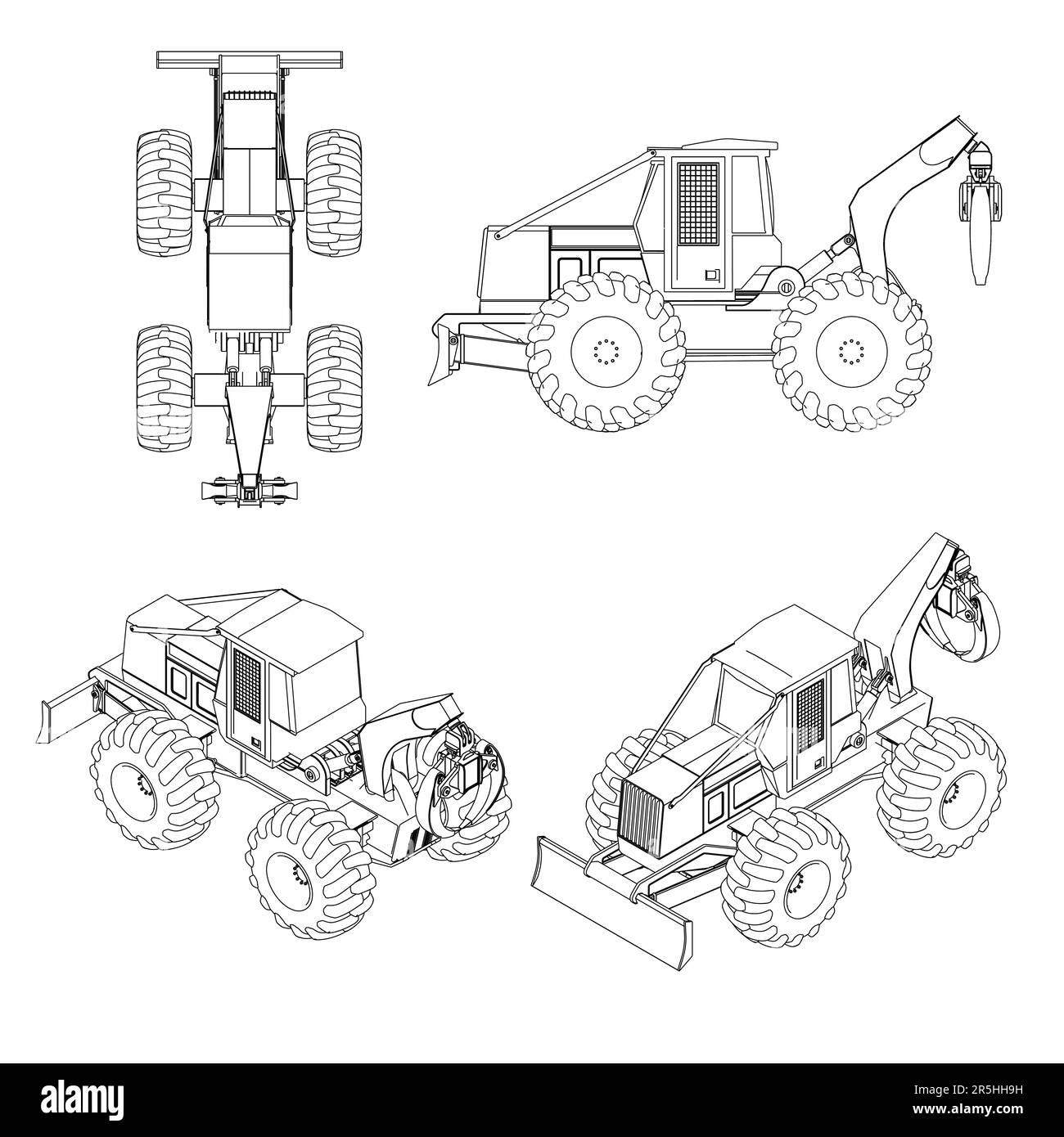 Contour du tracteur défini à partir de lignes noires isolées sur fond blanc. Vue latérale, vue de dessus, isométrique. Illustration vectorielle. Illustration de Vecteur