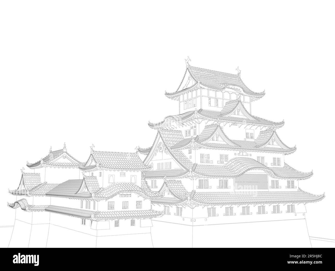 Image filaire d'un ancien bâtiment japonais à partir de lignes noires isolées sur un fond blanc. Vue en perspective. 3D. Illustration vectorielle. Illustration de Vecteur