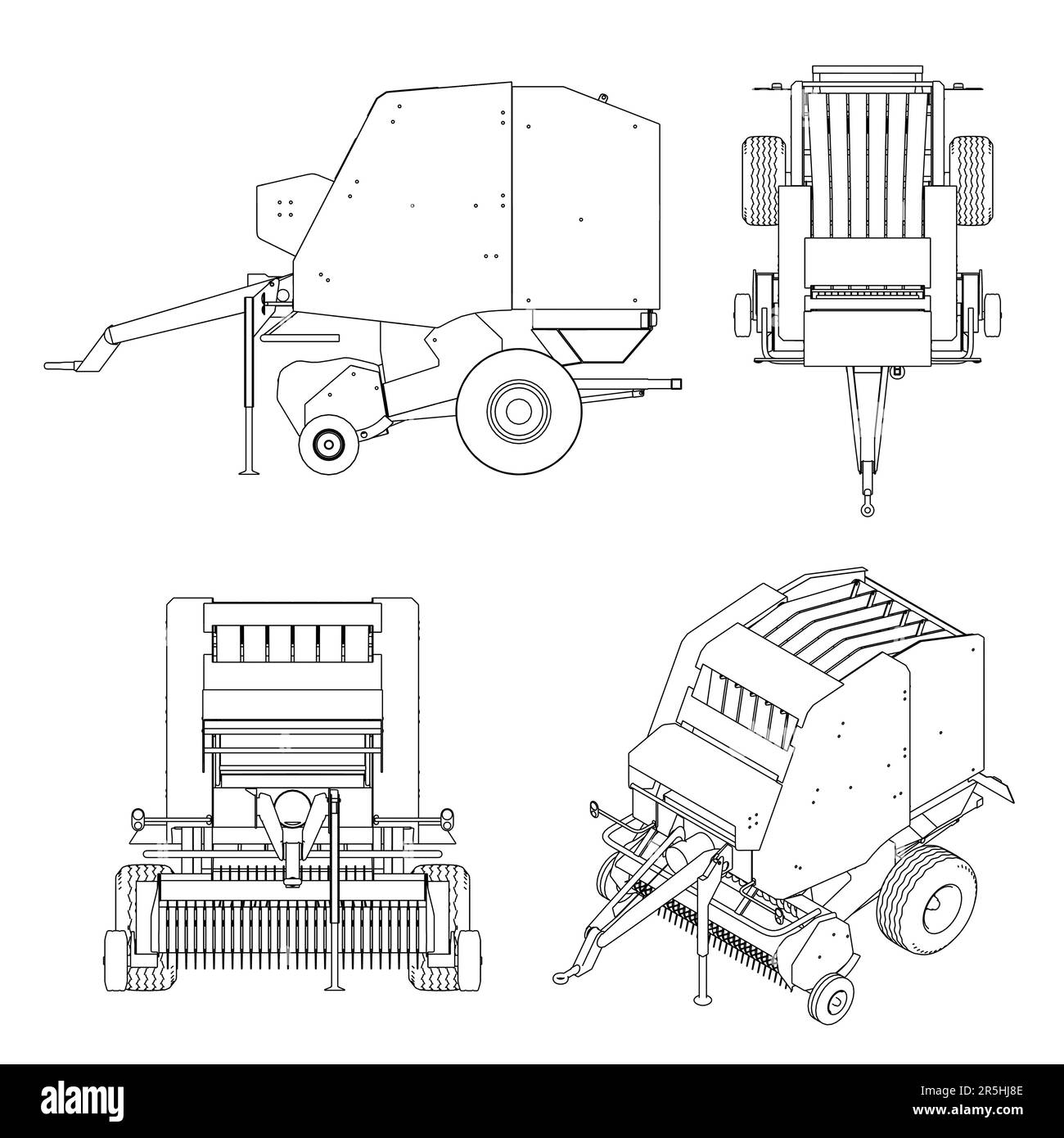 Définir les contours de l'appareil de récolte à partir de lignes noires isolées sur fond blanc. Remorque pour machine de récolte. Vue de dessus, isométrique, face, s Illustration de Vecteur