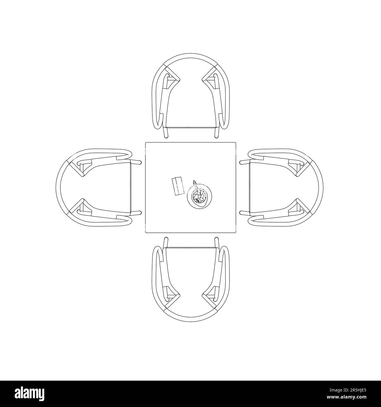 Contour d'une table avec des serviettes, une carafe à eau et quatre chaises de lignes noires isolées sur un fond blanc. Vue de dessus. Illustration vectorielle. Illustration de Vecteur