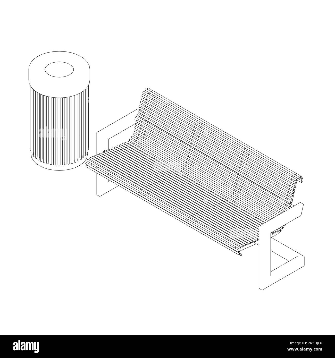 Le contour d'un banc de rue avec une poubelle de lignes noires isolées sur un fond blanc. Vue isométrique. Illustration vectorielle. Illustration de Vecteur