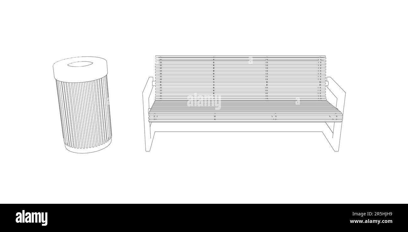 Le contour d'un banc de rue avec une poubelle de lignes noires isolées sur un fond blanc. Vue avant. Illustration vectorielle. Illustration de Vecteur