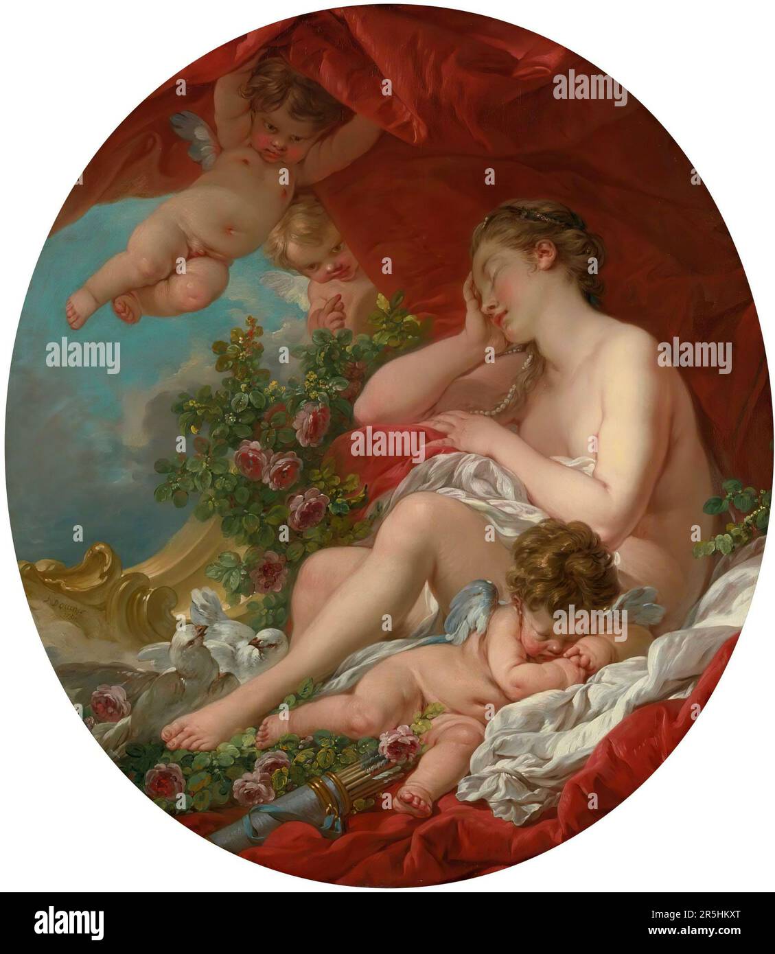 Le sommeil de Vénus peint par François Bouchard en 1754. Bien que peu connu aujourd'hui, François Boucher était l'un des peintres les plus célèbres du 18th siècle en France. Il a peint des thèmes classiques dans les styles baroque et rococo. Son patron était Madame de Pompadour et son travail était si populaire qu'il devint par la suite Premier Peintre du Roi (Premier peintre du Roi), un poste prestigieux de tribunal dans l'ancien régime. Banque D'Images