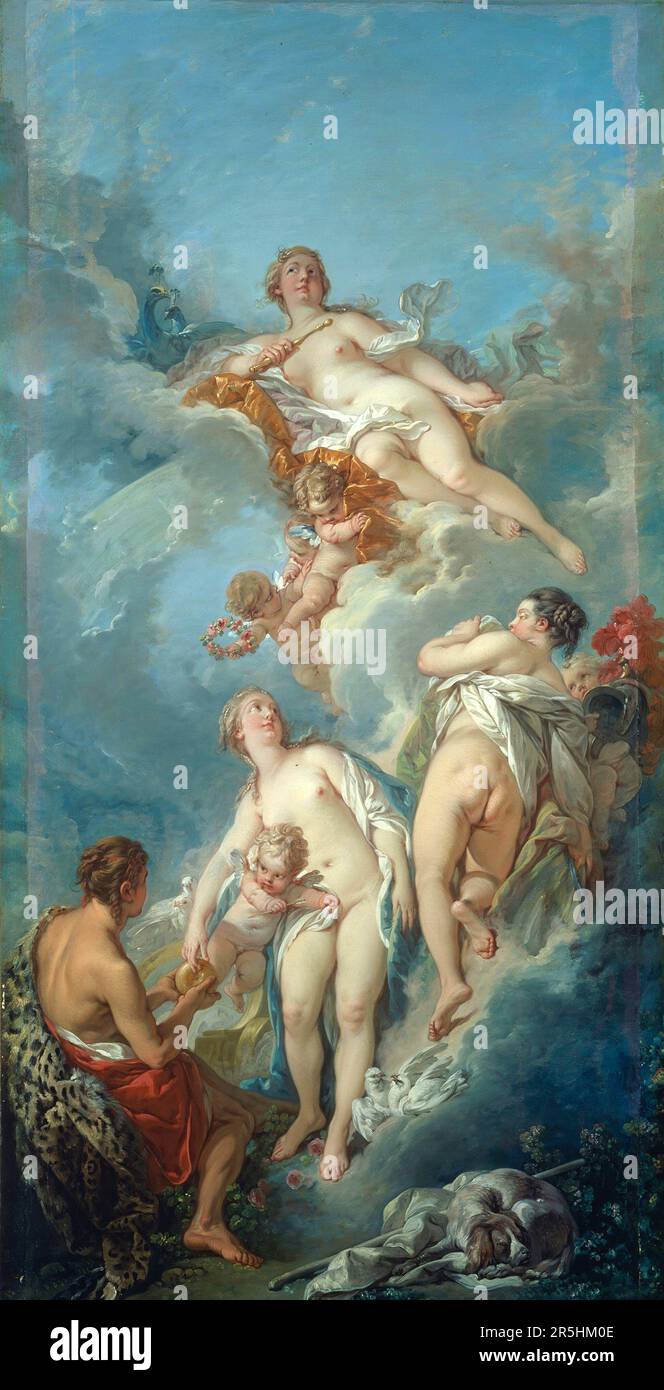Le jugement de Paris peint par François Bouchard en 1754, bien que peu connu aujourd'hui, François Boucher était l'un des peintres les plus célèbres du 18th siècle en France. Il a peint des thèmes classiques dans les styles baroque et rococo. Son patron était Madame de Pompadour et son travail était si populaire qu'il devint par la suite Premier Peintre du Roi (Premier peintre du Roi), un poste prestigieux de tribunal dans l'ancien régime. Banque D'Images