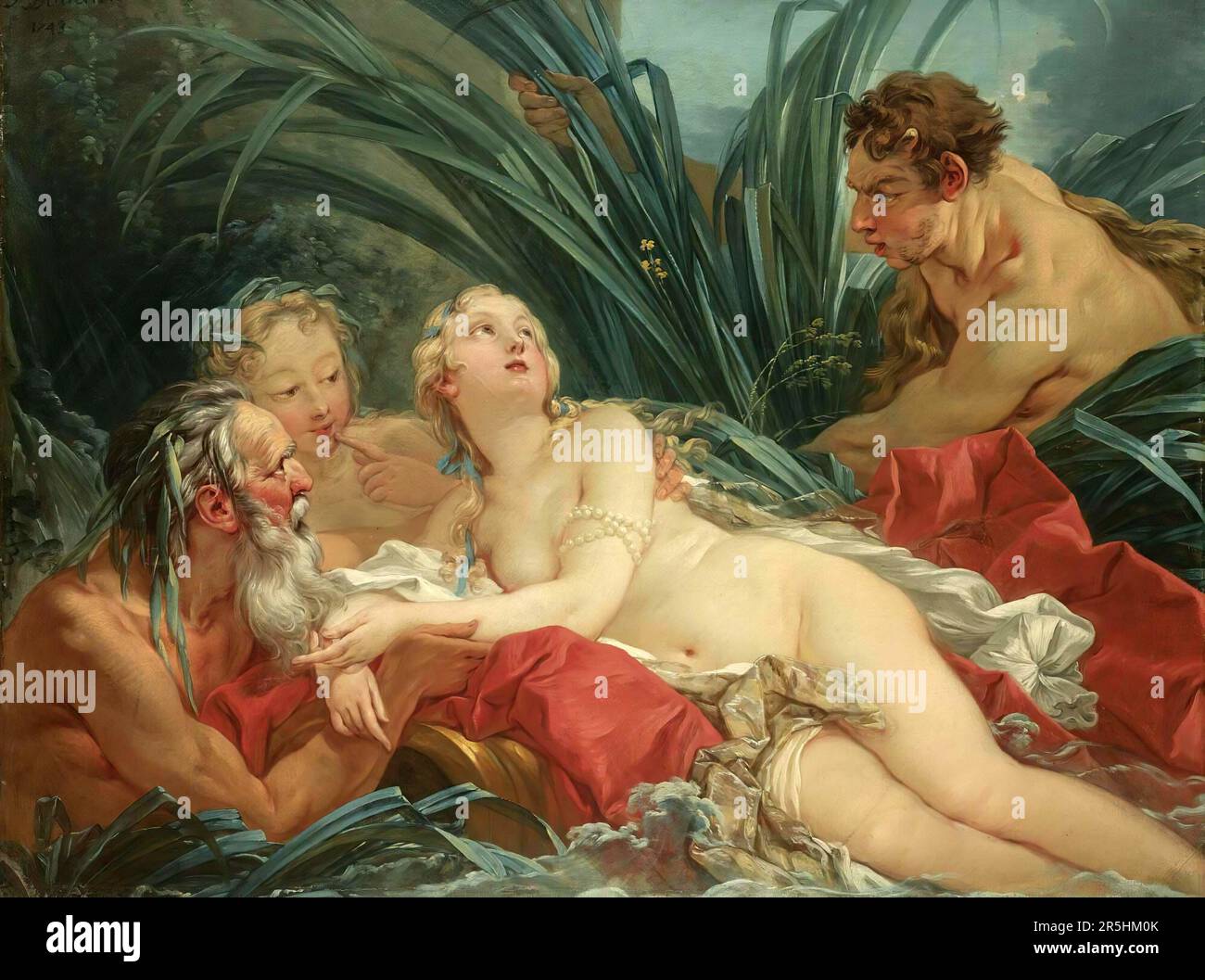PAN et Syrinx peints par François Bouchard en 1743. Bien que peu connu aujourd'hui, François Boucher était l'un des peintres les plus célèbres du 18th siècle en France. Il a peint des thèmes classiques dans les styles baroque et rococo. Son patron était Madame de Pompadour et son travail était si populaire qu'il devint par la suite Premier Peintre du Roi (Premier peintre du Roi), un poste prestigieux de tribunal dans l'ancien régime. Banque D'Images