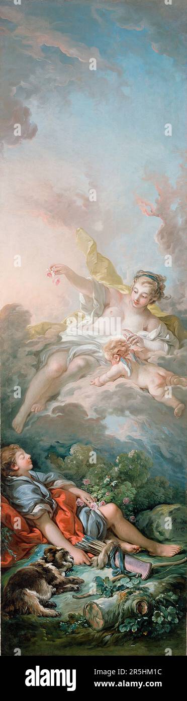 Aurora et céphalie peints par François Bouchard en 1769. Bien que peu connu aujourd'hui, François Boucher était l'un des peintres les plus célèbres du 18th siècle en France. Il a peint des thèmes classiques dans les styles baroque et rococo. Son patron était Madame de Pompadour et son travail était si populaire qu'il devint par la suite Premier Peintre du Roi (Premier peintre du Roi), un poste prestigieux de tribunal dans l'ancien régime. Banque D'Images