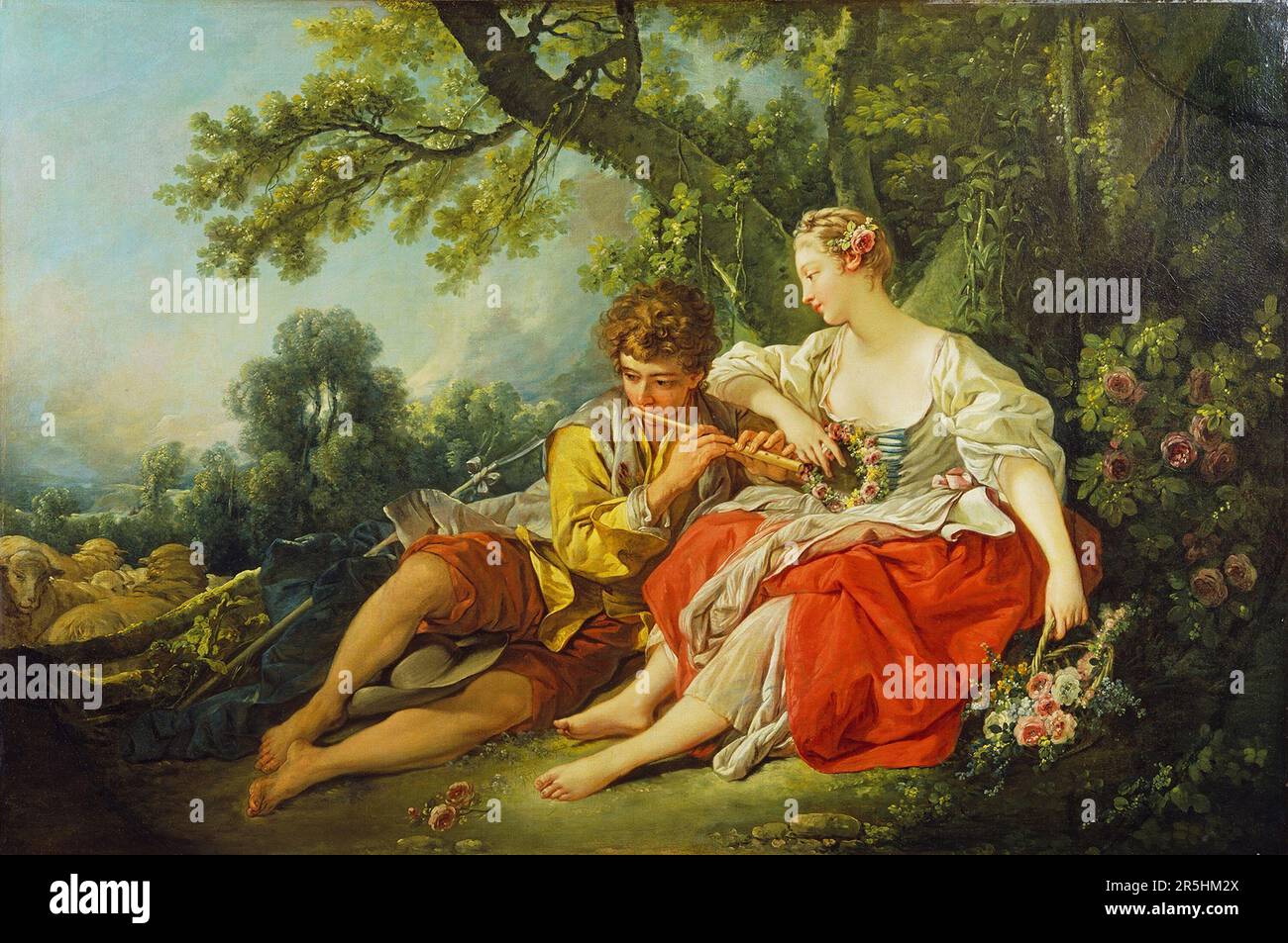 Le Piping de berger à une bergerie peint par François Bouchard en 1747 - 1750. Bien que peu connu aujourd'hui, François Boucher était l'un des peintres les plus célèbres du 18th siècle en France. Il a peint des thèmes classiques dans les styles baroque et rococo. Son patron était Madame de Pompadour et son travail était si populaire qu'il devint par la suite Premier Peintre du Roi (Premier peintre du Roi), un poste prestigieux de tribunal dans l'ancien régime. Banque D'Images