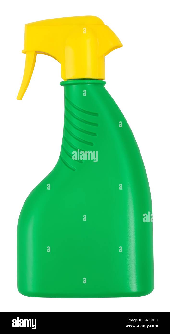 Vaporisateur de bouteille vert isolé sur fond blanc avec passe-cheveux. Pesticides de jardinage et fournitures d'entretien des plantes ou de nettoyage ménager. Élément utile pour Banque D'Images