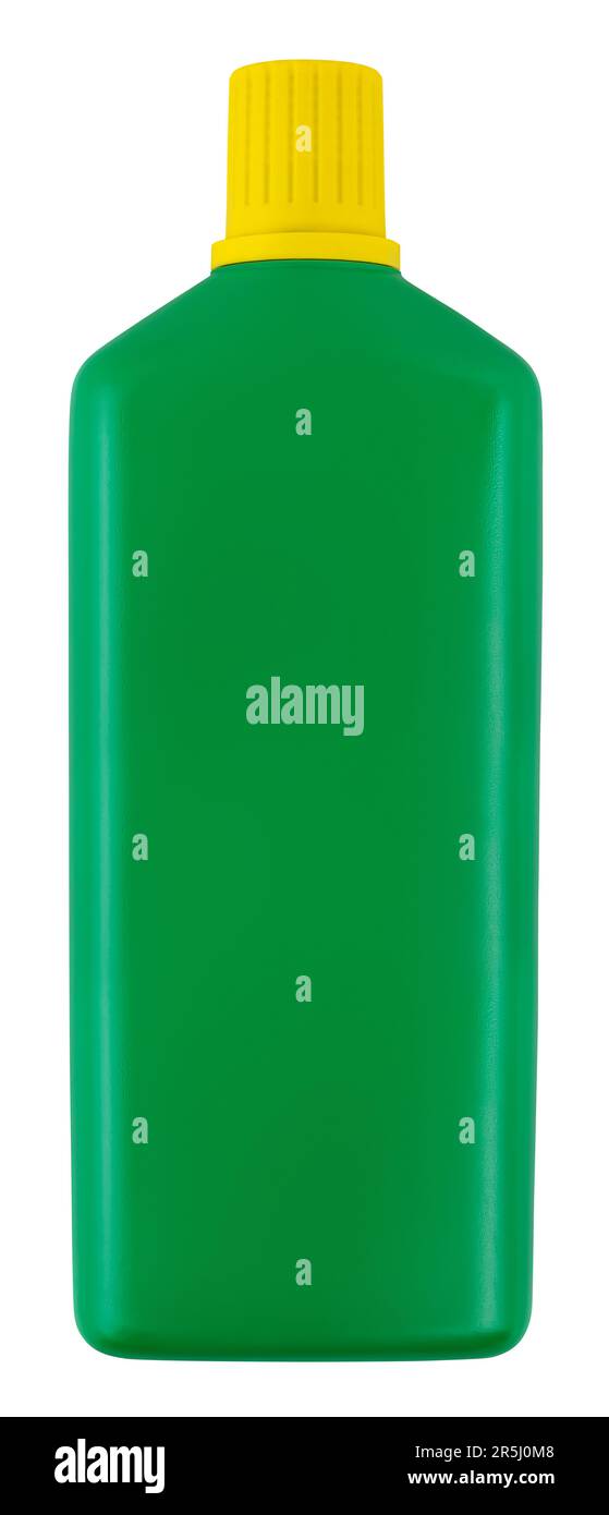 Flacon en plastique vert isolé sur fond blanc avec passe-cheveux. Engrais ou pesticide pour le jardinage et la culture de potager ou le soin des plantes Banque D'Images