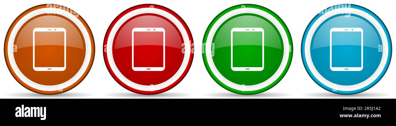 Tablette, mobile, téléphone, smartphone icônes brillantes, ensemble de boutons de conception moderne pour le Web, Internet et les applications mobiles dans quatre options de couleurs isolées Banque D'Images