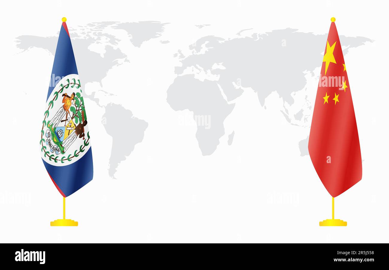 Drapeaux de la Chine et du Belize pour une réunion officielle sur fond de carte du monde. Illustration de Vecteur