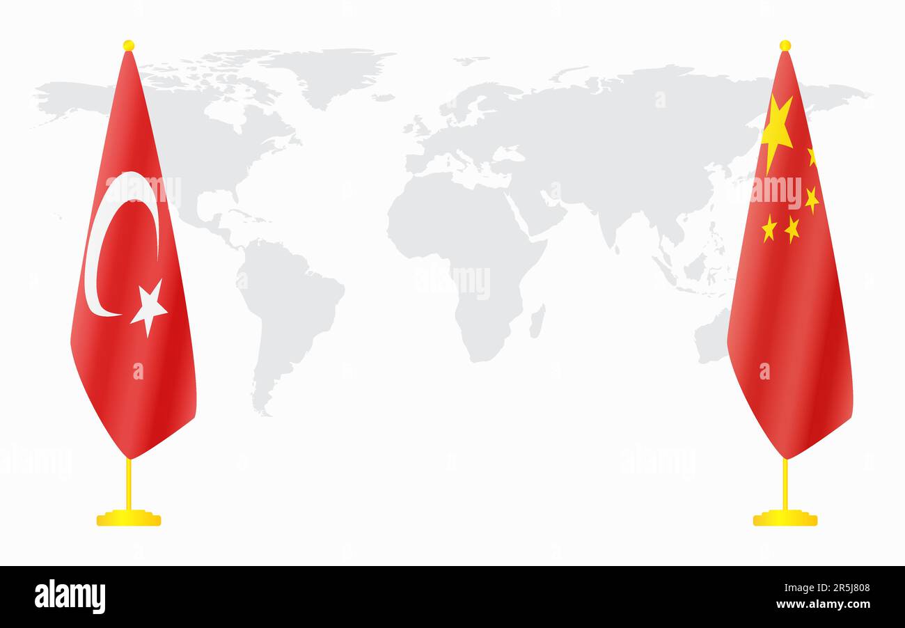 La Chine et la Turquie sont les drapeaux de la réunion officielle sur fond de carte du monde. Illustration de Vecteur