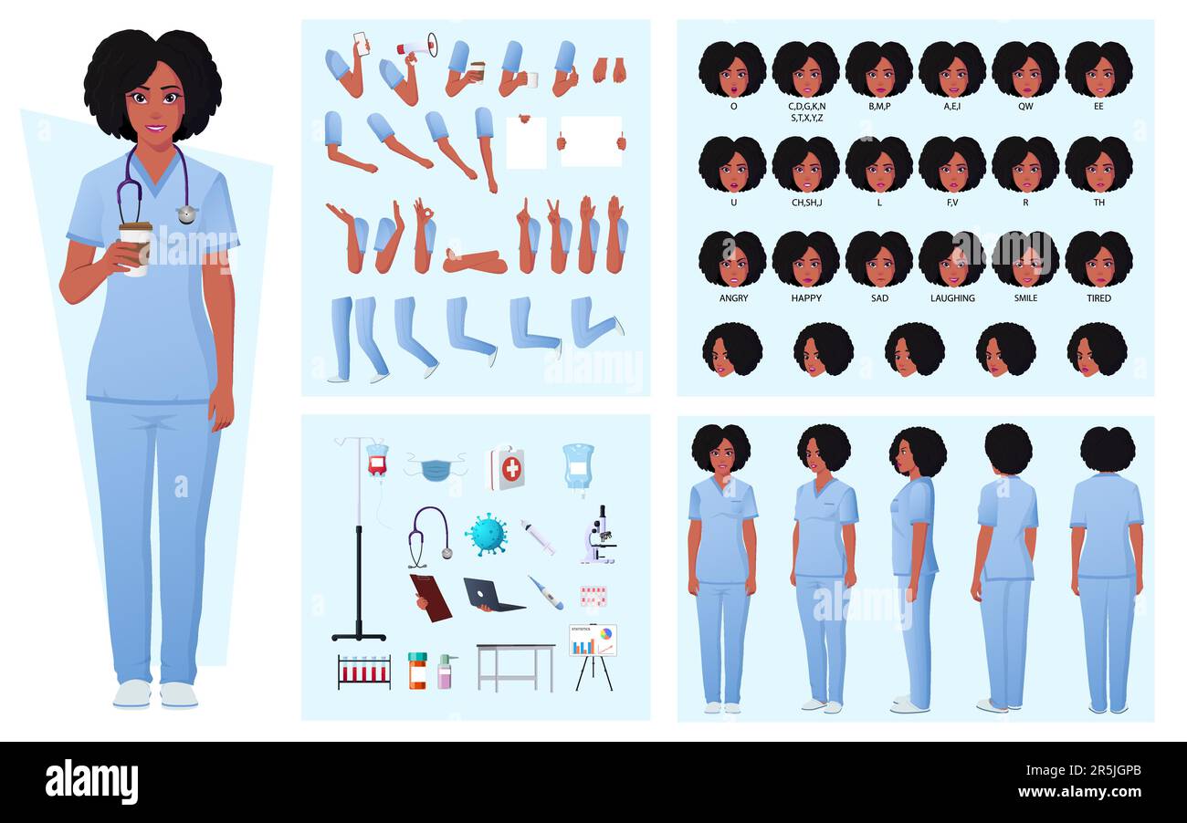 Infirmière, médecin constructeur de personnage avec femme afro-américaine, expressions du visage, émotions, gestes de main, poses et équipement médical Illustration de Vecteur