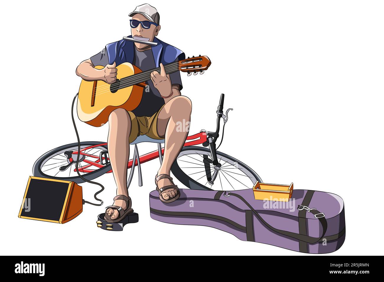 Un musicien de rue joue de la guitare, de l'harmonica et du tambourin en même temps. Illustration de Vecteur