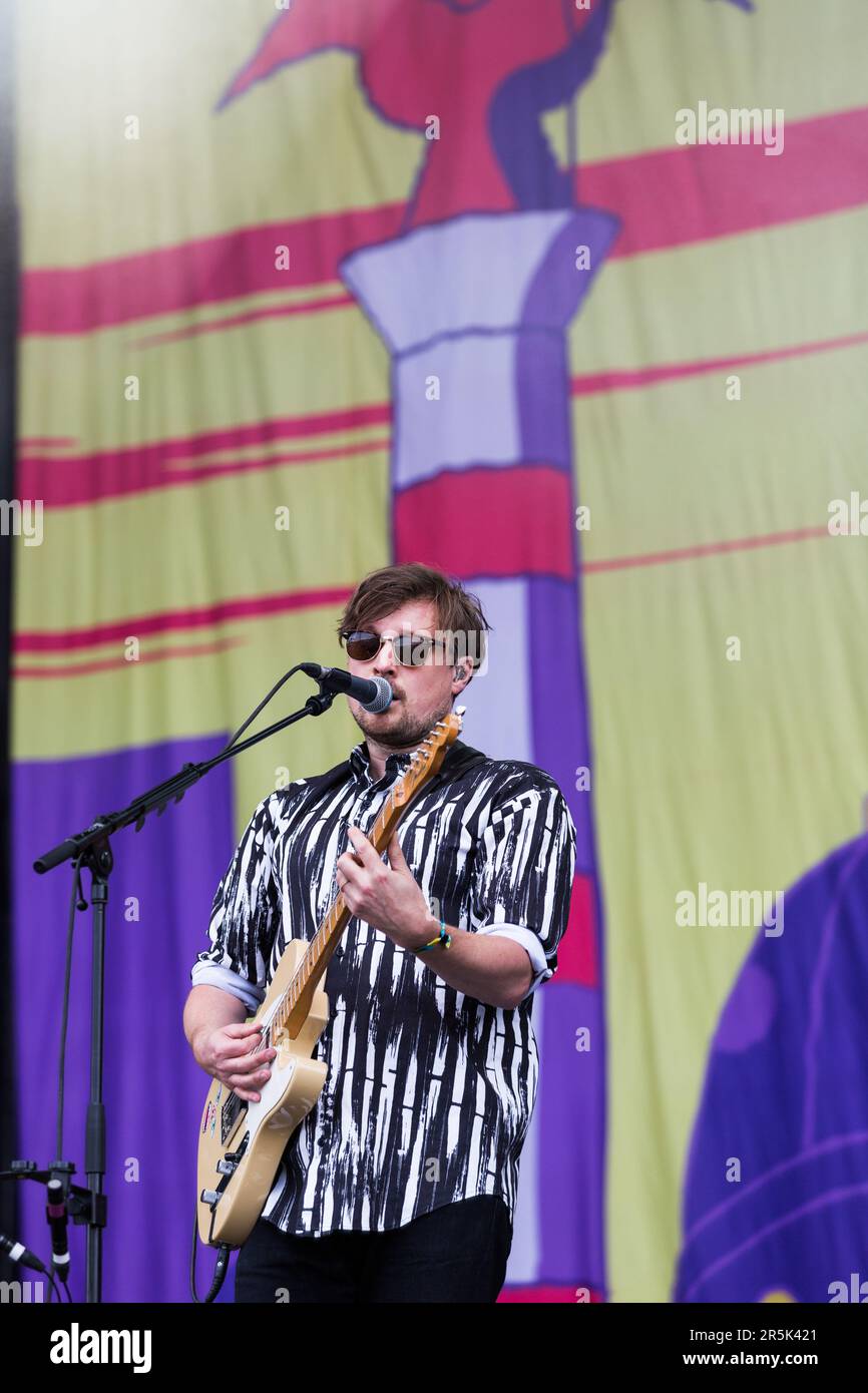 Berlin, Allemagne 10,09 2017. Le groupe britannique Django Django Django se produit au festival de Lollapalooza à Berlin. Banque D'Images