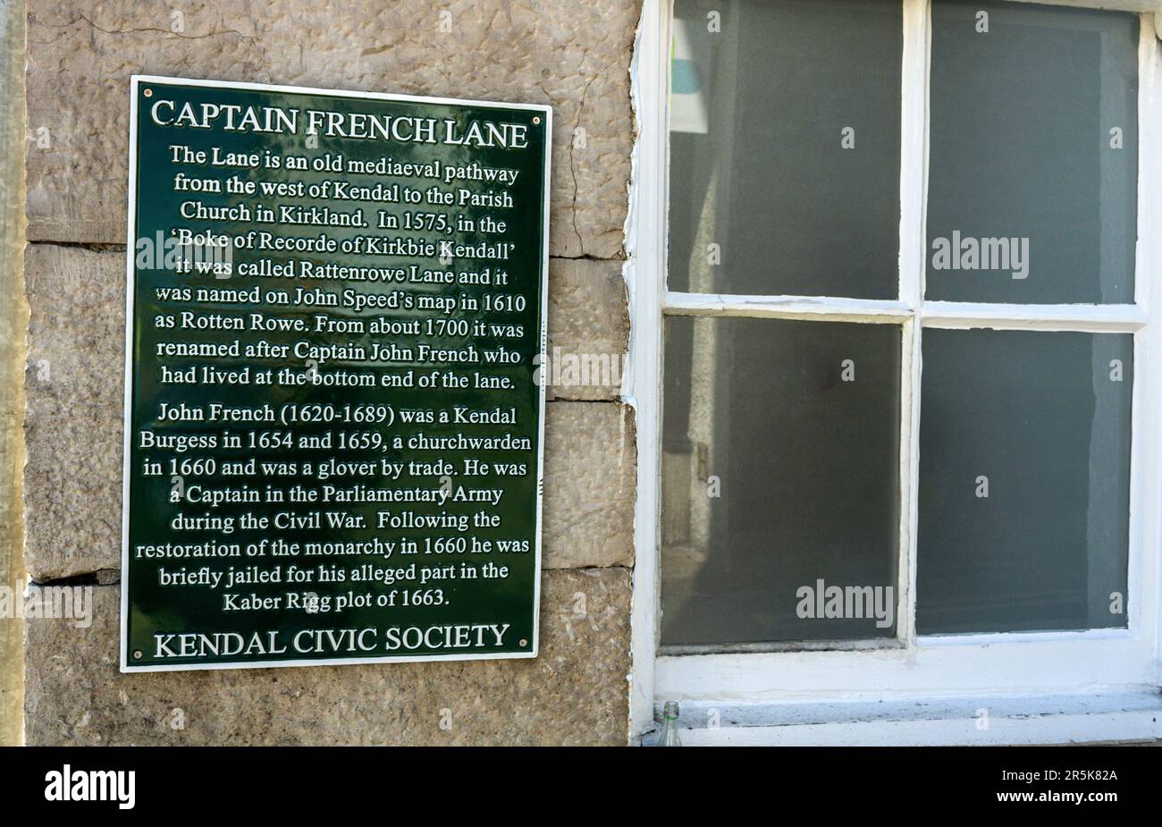 Plaque verte Captain French Lane. Kendal, Cumbria. Banque D'Images