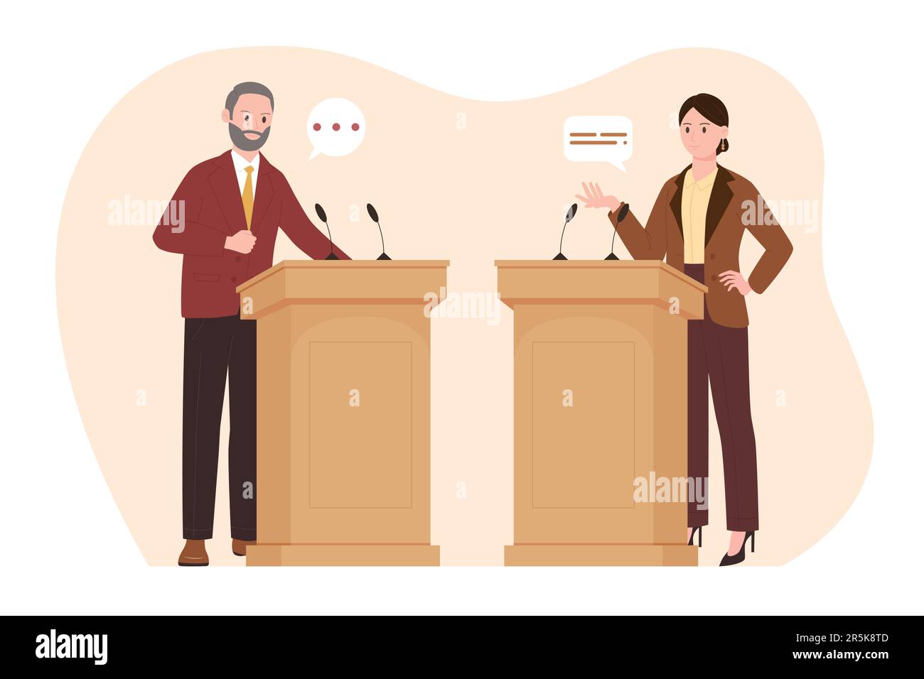 Les débats politiques entre deux politiciens et les dirigeants des podiums sont illustrés par un vecteur. Homme de dessin animé et femme se tiennent aux tribunes lors d'une réunion publique, les candidats parlent d'arguments dans une conversation polémique Illustration de Vecteur