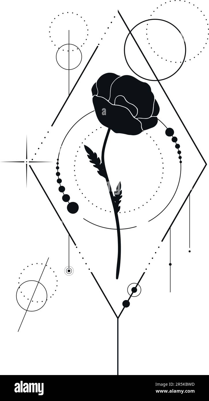 Tatouage botanique abstrait avec des éléments géométriques isolés sur fond blanc. Tatouage floral monochrome avec une fleur de pavot. Illustration vectorielle Illustration de Vecteur