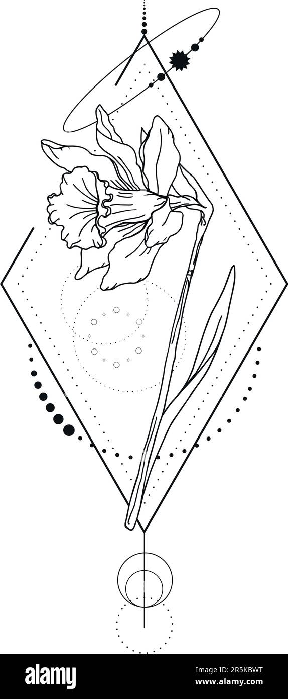 Tatouage botanique abstrait avec des éléments géométriques isolés sur fond blanc. Tatouage floral monochrome avec narcisse. Illustration vectorielle Illustration de Vecteur