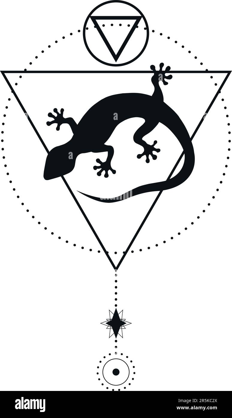 Tatouage d'anime abstrait avec contour de gekko et éléments géométriques isolés sur fond blanc. Illustration vectorielle Illustration de Vecteur
