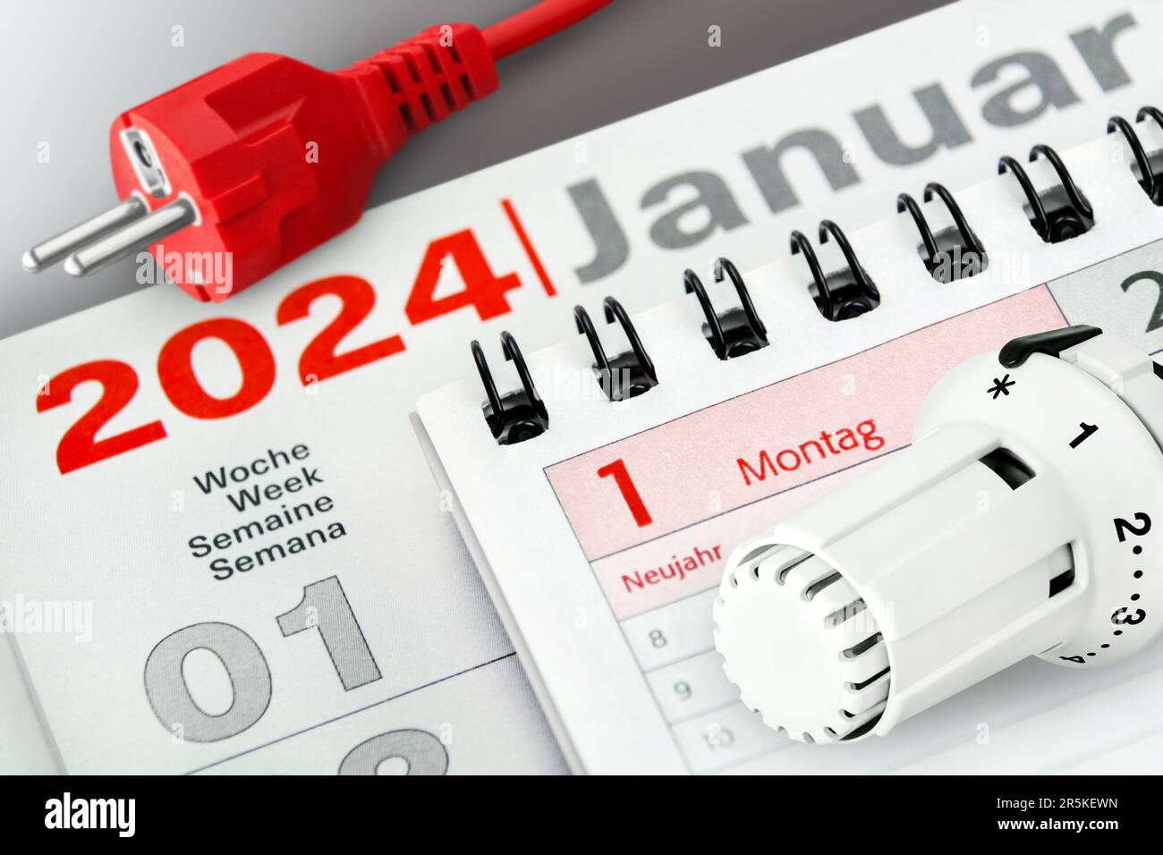 Calendrier allemand 2024 1 janvier lundi nouvel an et semaine 1 avec thermostat de puissance et de chauffage Banque D'Images