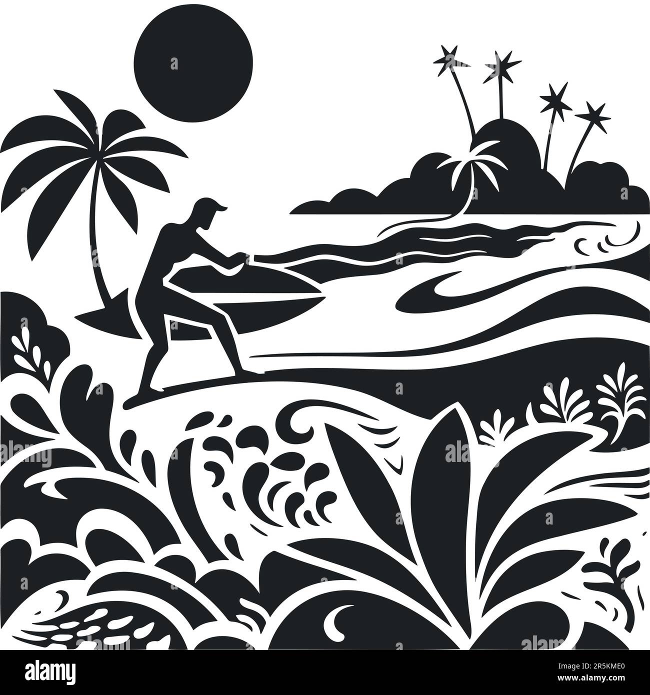 Plage, palmiers, surf. illustration vectorielle d'été Illustration de Vecteur