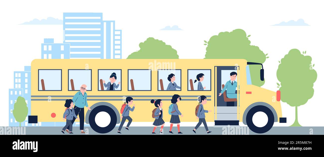 Bus de l'école jaune, étudiant aller au transport. Cartoon élève matin, les enfants avec sac à dos vont étudier. Transport d'enfants concept de vecteur récent Illustration de Vecteur