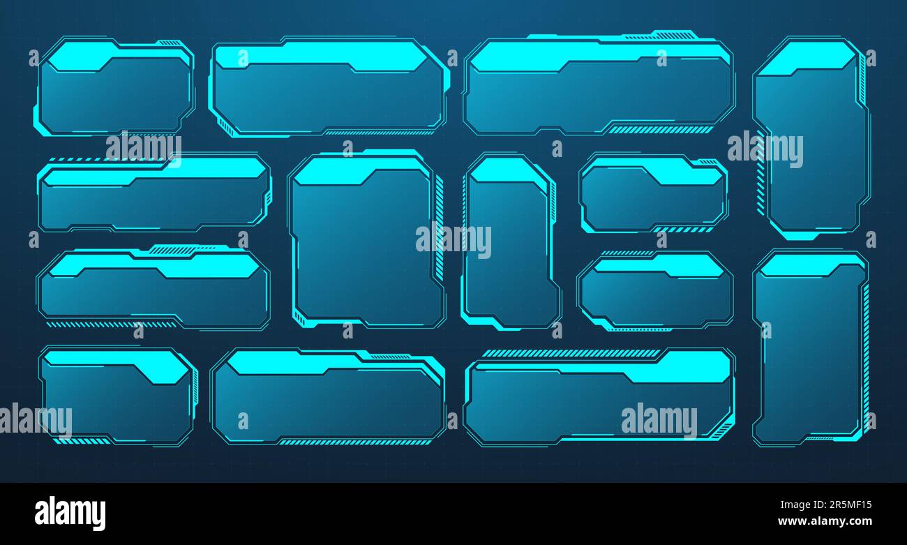 Éléments HUD ou UI futuristes bleus. Zones de texte et légendes de l'interface utilisateur SCI-fi. Cadres de message d'avertissement, modèle de zones d'information. Jeu moderne Illustration de Vecteur