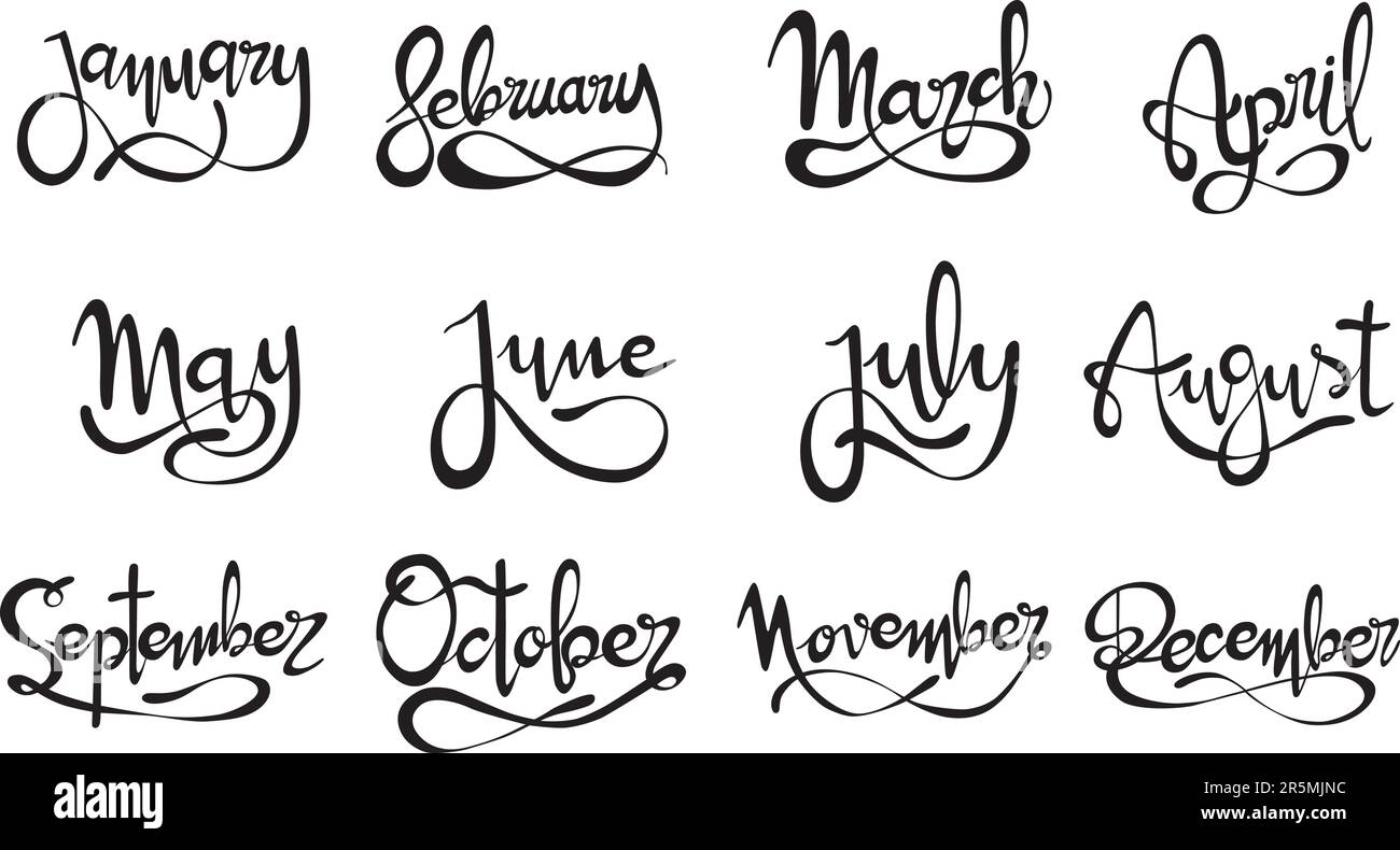 Signe de lettrage manuscrit vectorisé avec les mois de l'année. Ressource graphique sur fond blanc Illustration de Vecteur