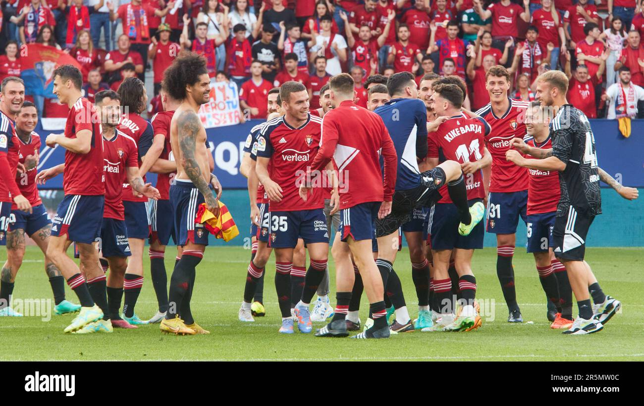 Pampelune, Espagne. 4th juin 2023. Sports. Football/Soccer.célébration de la qualification d'Osasuna pour la Ligue de la Conférence après la victoire contre le FC de Gérone (2-1) dans le dernier match de la Ligue de Santander joué au stade El Sadar à Pampelune (Espagne) sur 4 juin 2023. Credit: Inigo Alzugaray / Alamy Live News Banque D'Images