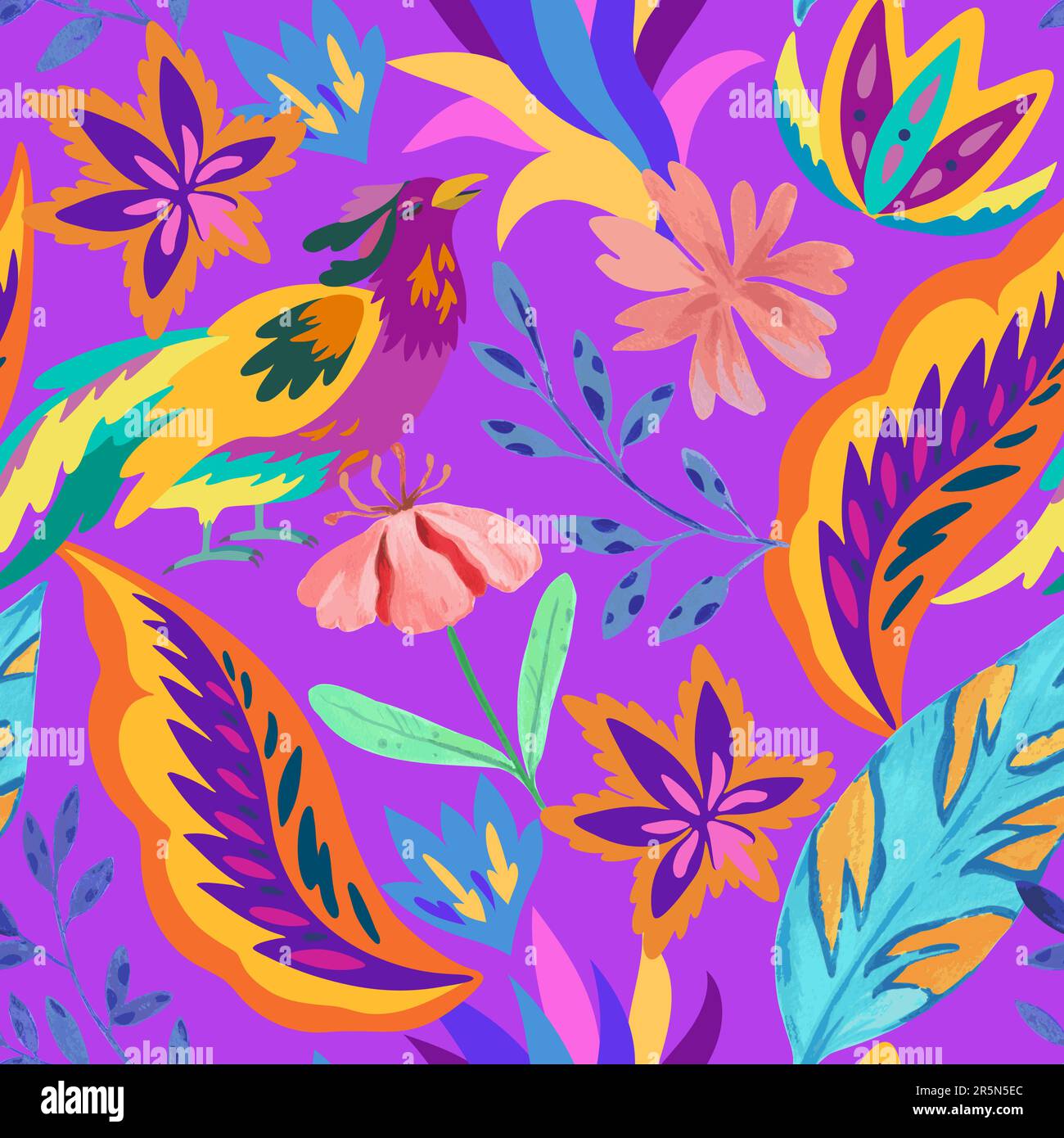 Motif coloré sans couture avec motif décoratif de conte de fées. Fantaisie oiseaux et fleurs et plantes formes et éléments organiques. Illustration moderne de vecteur tendance Illustration de Vecteur