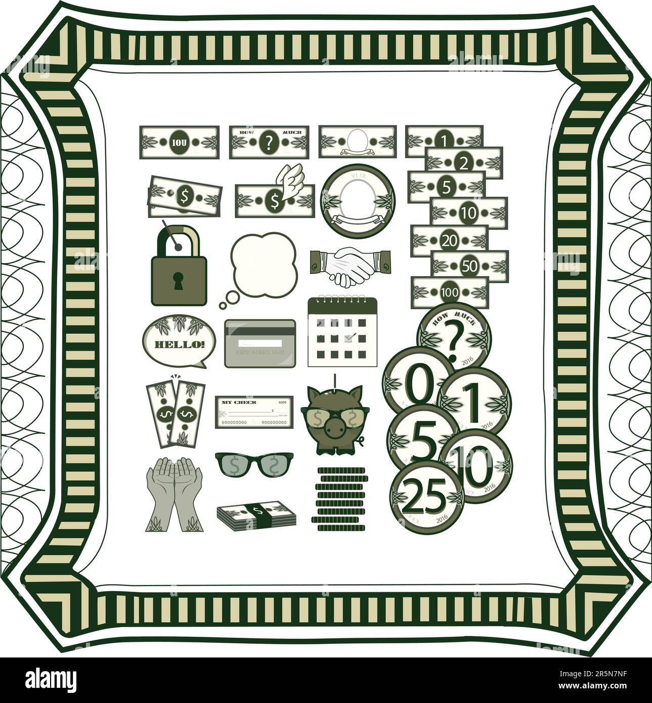 Argent, éléments financiers, espèces, pièces empilées, symboles de carte de crédit et de devise, concept de paiement bancaire isolé, Illustration vectorielle Illustration de Vecteur
