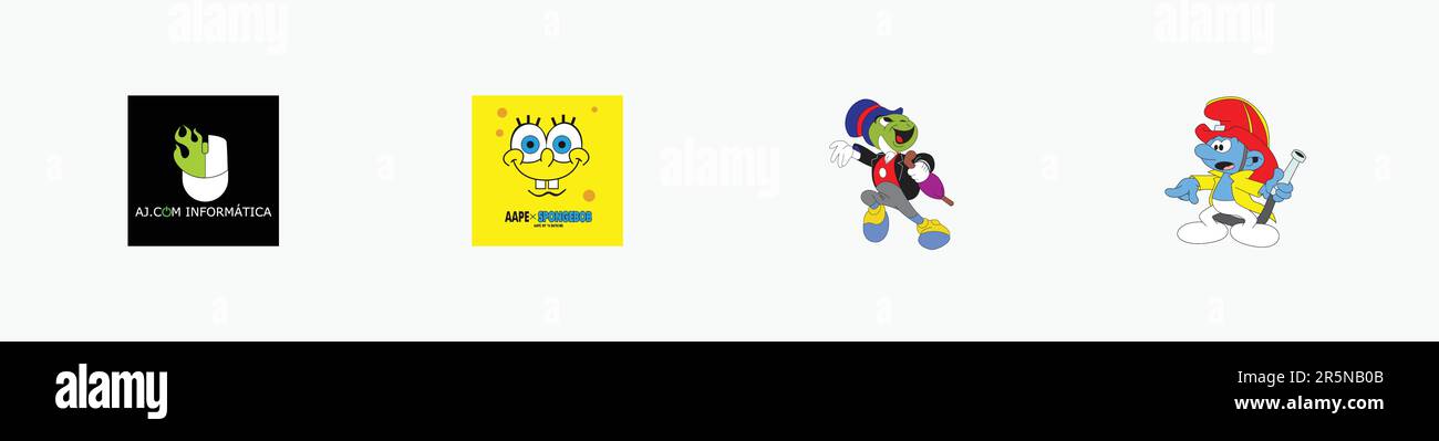 Logo Smurf, logo Jiminy Cricket, logo aape spongebob, logo AJCOM Informatica, logo Editorial Vector sur papier blanc. Illustration de Vecteur