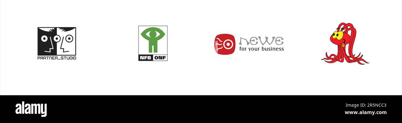 Logo Snorks Okkie, logo Partner Studio, logo NFB de l'ONF, logo NEWE DESIGN STUDIO, logo Editorial Vector sur papier blanc. Illustration de Vecteur